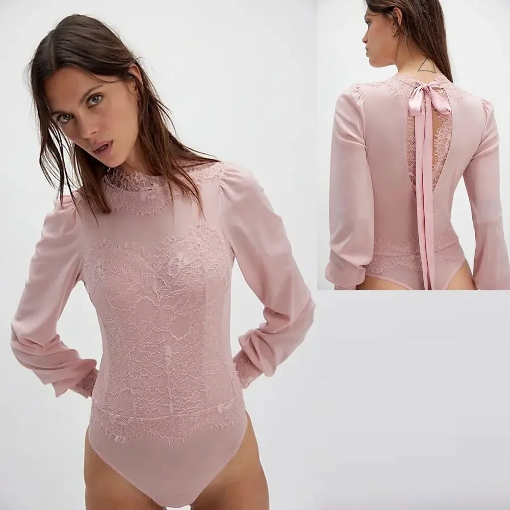 New Free People Sweet Nothings Long Sleeve Peachskin Bodysuit Size XS